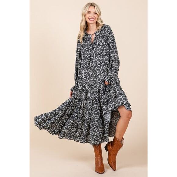 Mittoshop Printed Tie Neck Detail Flounce Sleeves Ruffled Midi Dress | Dark Navy - Picture 5 of 7